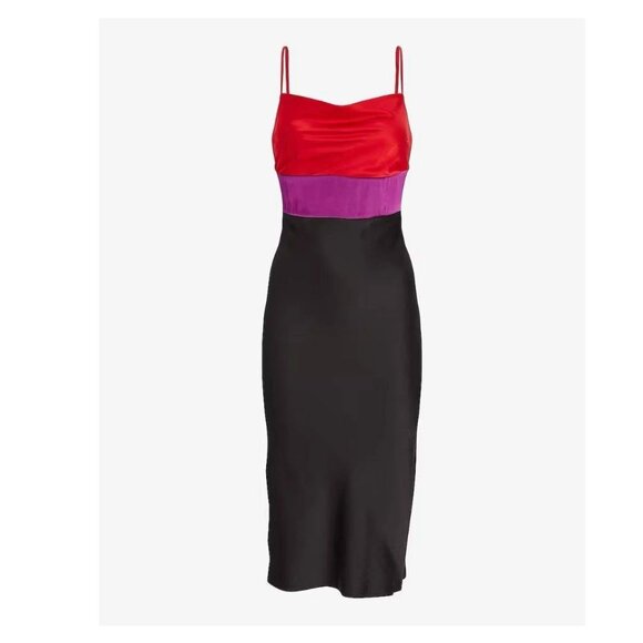 NWT Express  Satin Color Block Tier Cowl Neck Midi Slip Dress - Picture 1 of 7